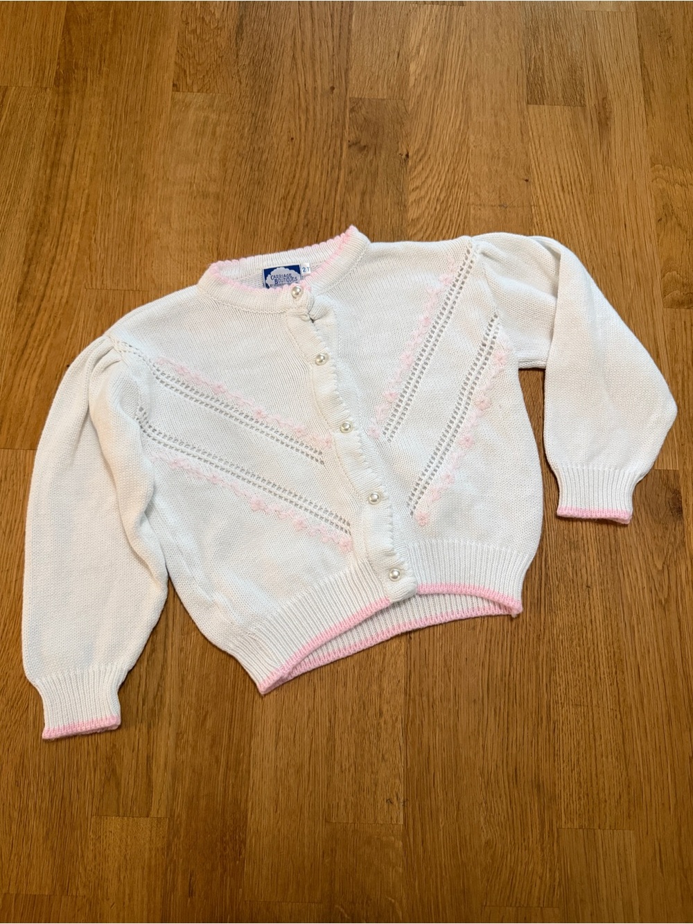 Vintage Carriage Boutiques 2T White Pink Embroidered Button Cardigan Sweater